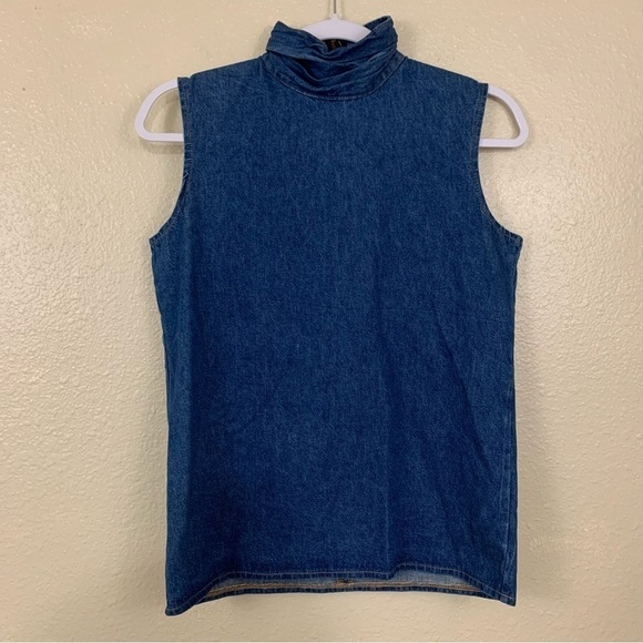 Vintage 90s 100% Cotton Denim Sleeveless Turtleneck Top Size S - Picture 2 of 5